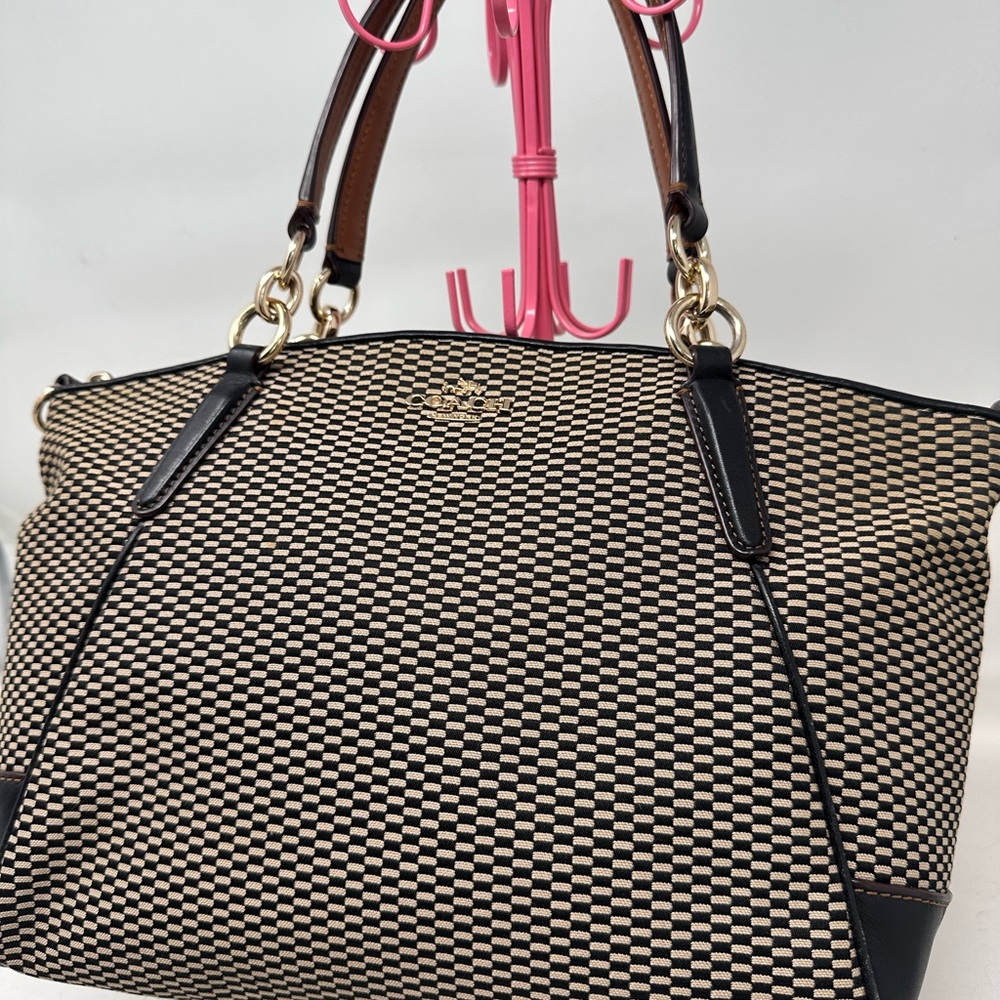 Coach Kelsey Legacy Satchel Crossbody Bag Black Beige